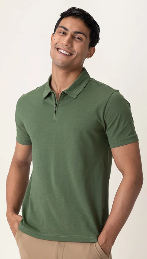 Constant All-Degree Pique Polo Zipper- Forest Green