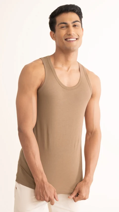 Neo-Cotton Antibacterial Vest Round- Tan Brown