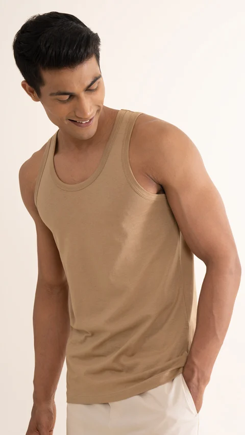 Neo-Cotton Antibacterial Vest Round- Tan Brown