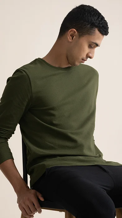 Statement Popcorn Textured Casual Tees Olive Night