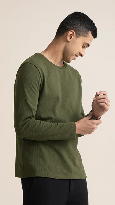 Statement Popcorn Textured Casual Tees Olive Night