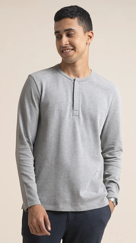 Statement Popcorn Textured Casual Tees Henley - Soft Grey