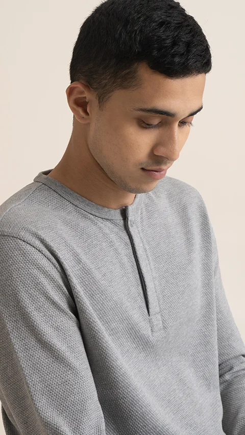 Statement Popcorn Textured Casual Tees Henley - Soft Grey