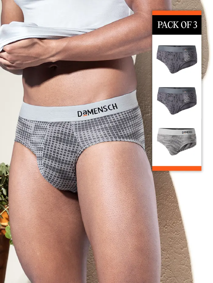 Deo-Soft Supima Printed Brief Virtual Pack of 3 Hybrid Grey, Dashed Silver S
