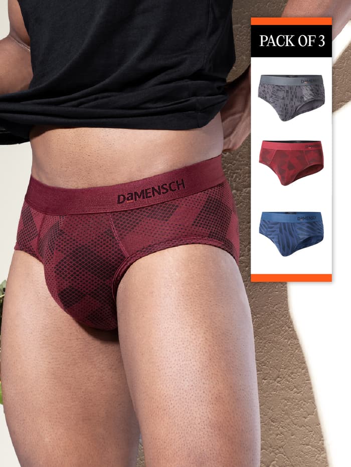 Deo-Soft Supima Printed Brief Virtual Pack of 3 Hybrid Grey, Qube Maroon, Comet Blue 2XL