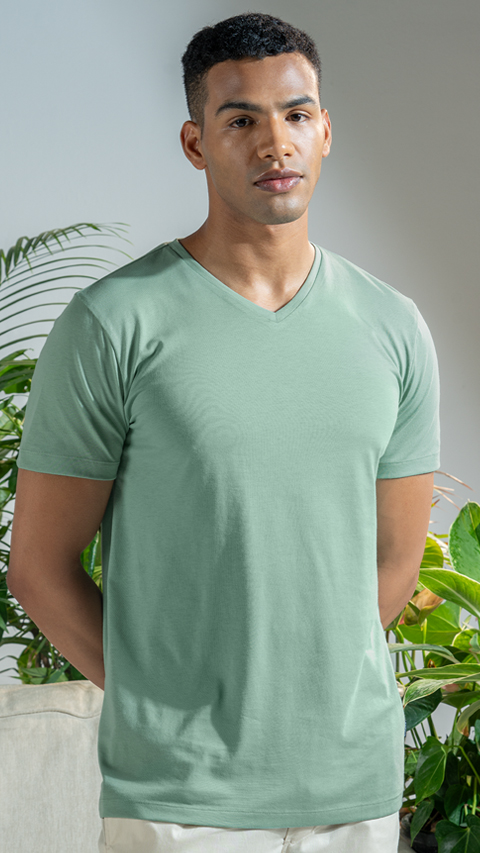 Buy Men Ultra Light V-Neck Tshirt Misty Green | DaMENSCH