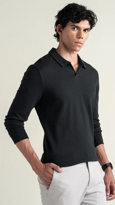 Statement Popcorn Full-Sleeve Polo Jet Black