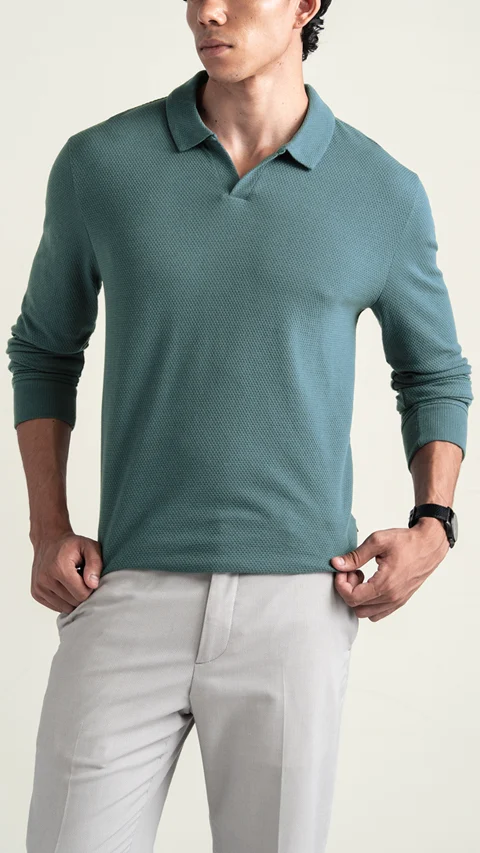 Statement Waffle Full-Sleeve Polo Sage Green