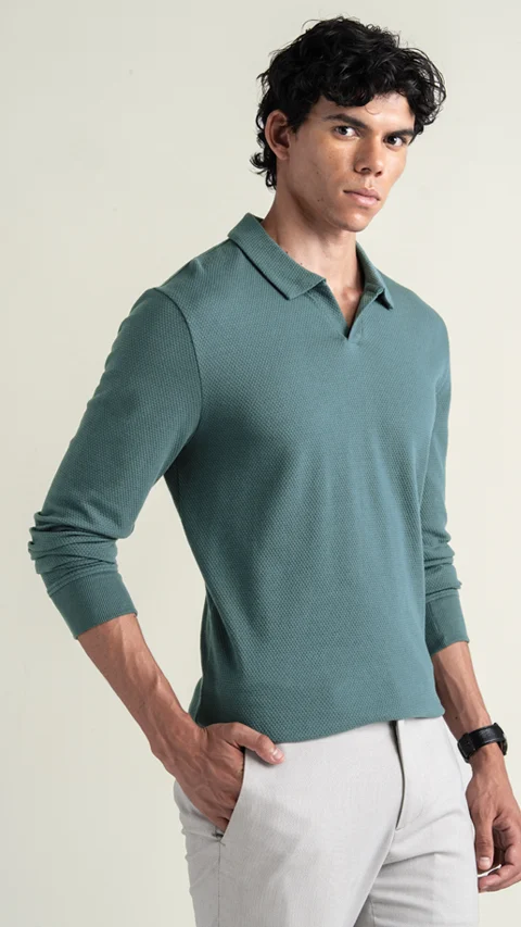 Statement Waffle Full-Sleeve Polo Sage Green