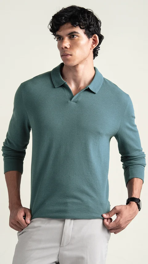 Statement Waffle Full-Sleeve Polo Sage Green