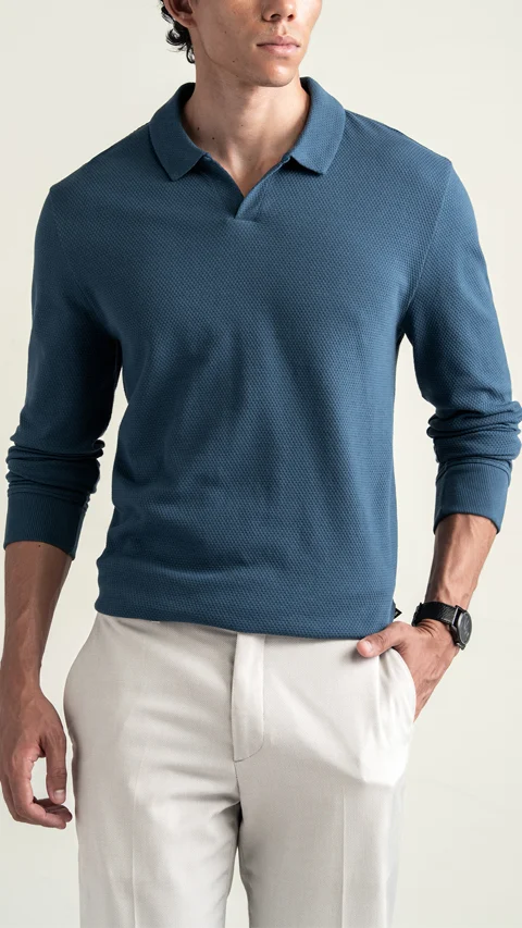 Statement Popcorn Full-Sleeve Polo Teal Blue