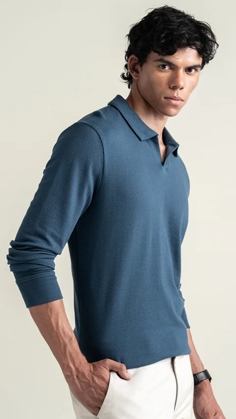 Statement Popcorn Full-Sleeve Polo Teal Blue