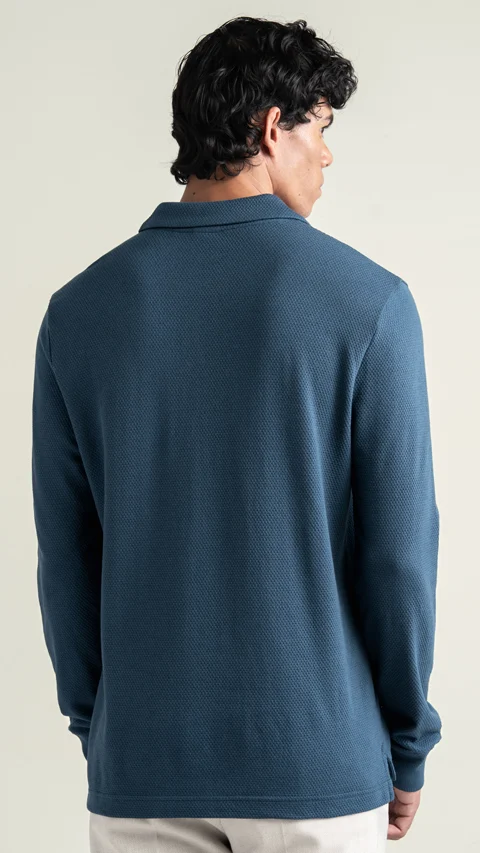 Statement Popcorn Full-Sleeve Polo Teal Blue