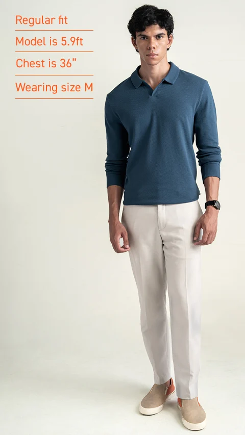 Statement Popcorn Full-Sleeve Polo Teal Blue