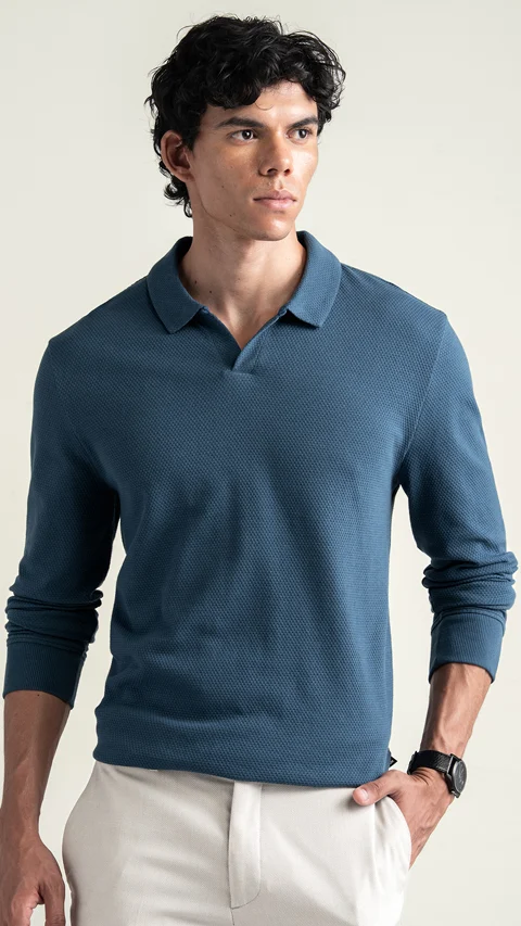 Statement Popcorn Full-Sleeve Polo Teal Blue