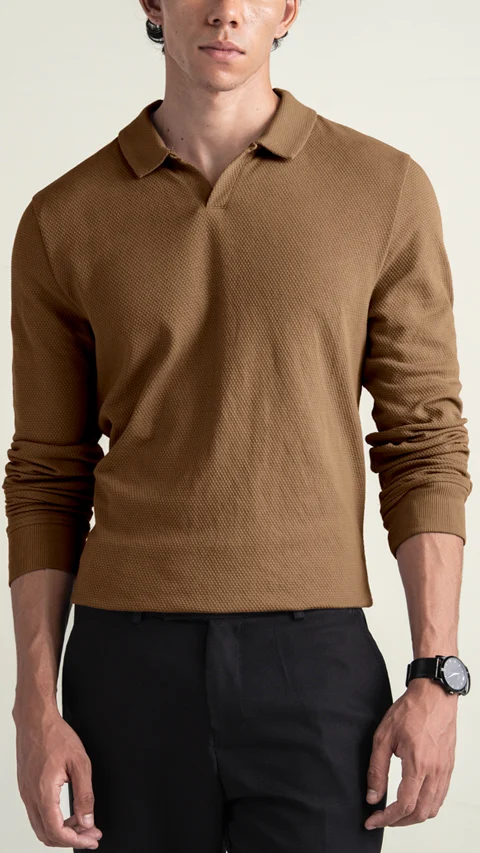 Statement Popcorn Full-Sleeve Polo Toffee Brown