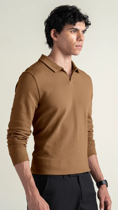 Statement Popcorn Full-Sleeve Polo Toffee Brown