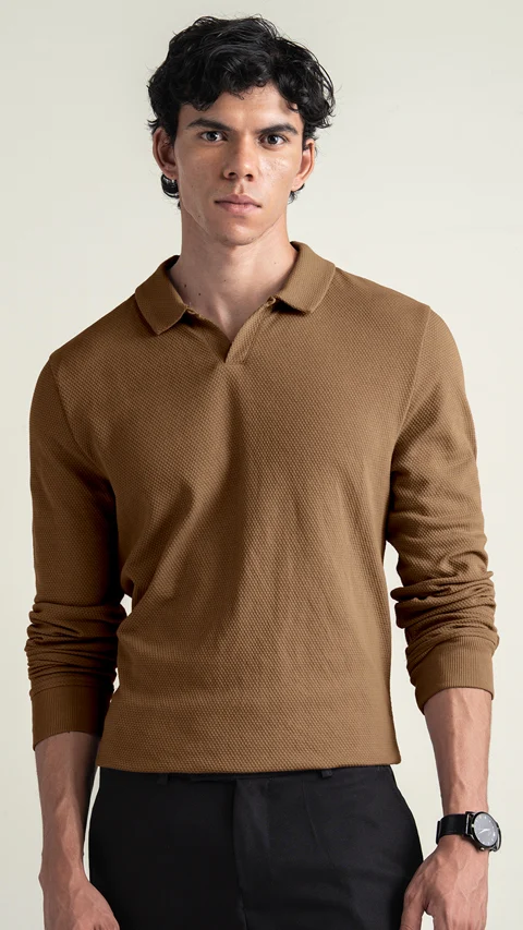 Statement Popcorn Full-Sleeve Polo Toffee Brown