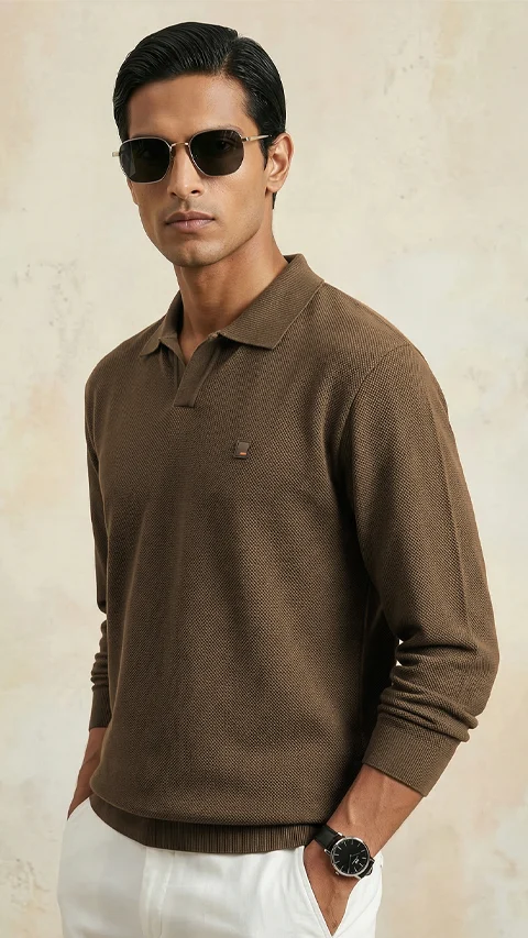 All Degree Full Sleeve Pique Polo Deccan Brown