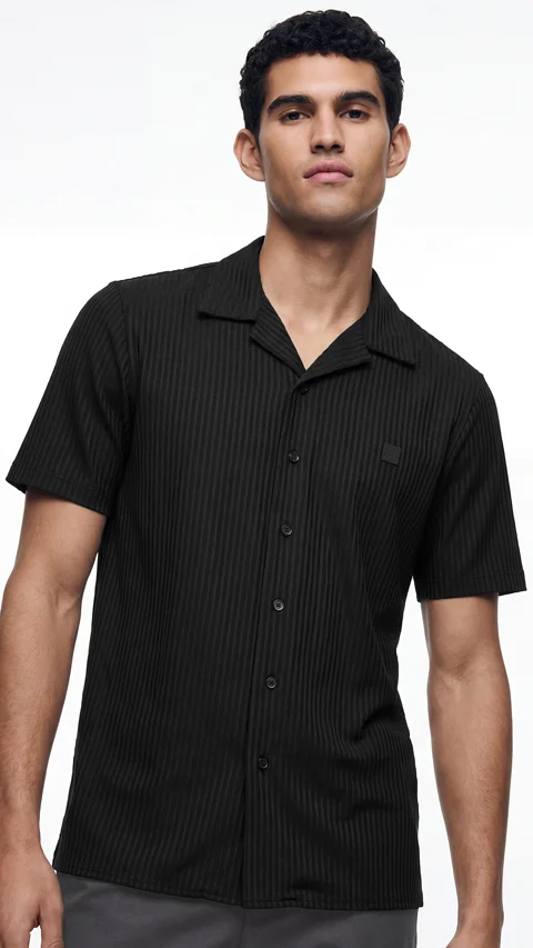 Striped Cuban Collar Shirt Night Black