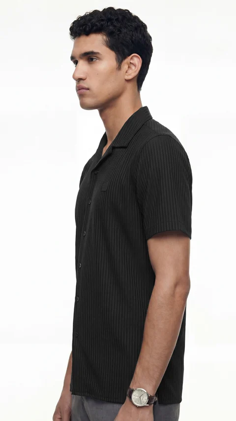 Striped Cuban Collar Shirt Night Black