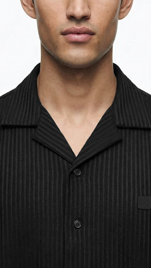 Striped Cuban Collar Shirt Night Black