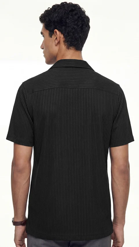 Striped Cuban Collar Shirt Night Black