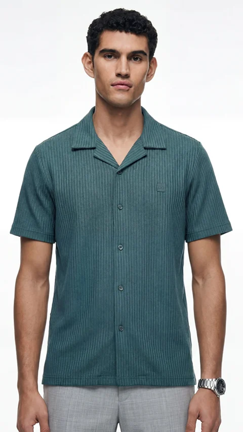 Striped Cuban Collar Shirt Poolside Teal