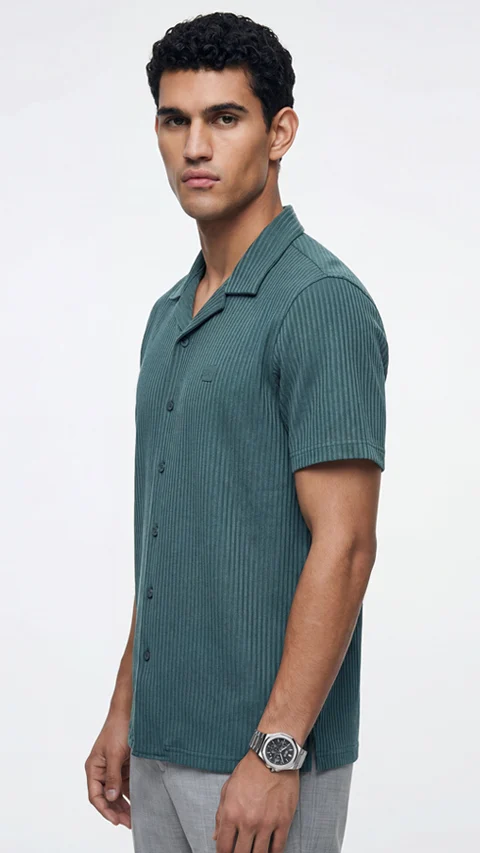 Striped Cuban Collar Shirt Poolside Teal