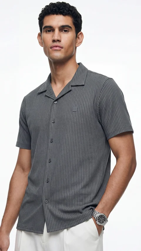 Striped Cuban Collar Shirt River Grey