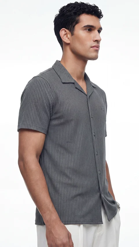Striped Cuban Collar Shirt River Grey