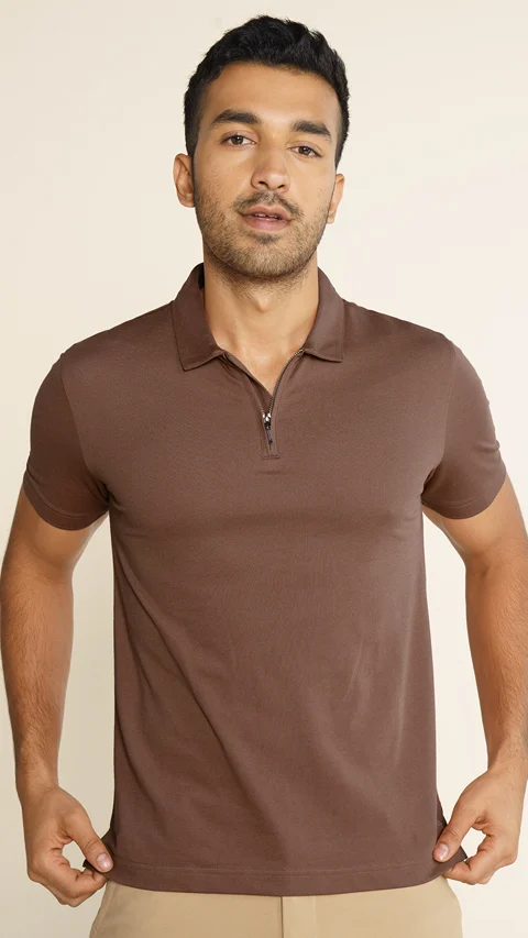 Constant All-Degree Pique Polo Zipper- Russet Brown