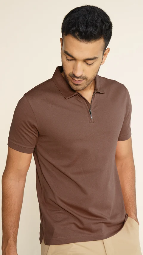 Constant All-Degree Pique Polo Zipper- Russet Brown