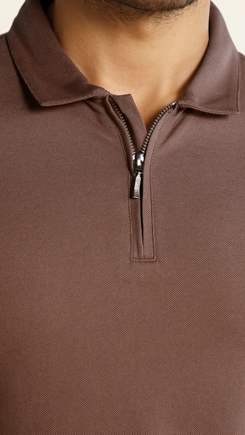 Constant All-Degree Pique Polo Zipper- Russet Brown