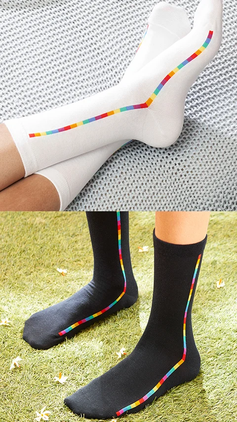 Aloe-Soft Calf Length Socks- Pride Steps White, Pride Steps Black