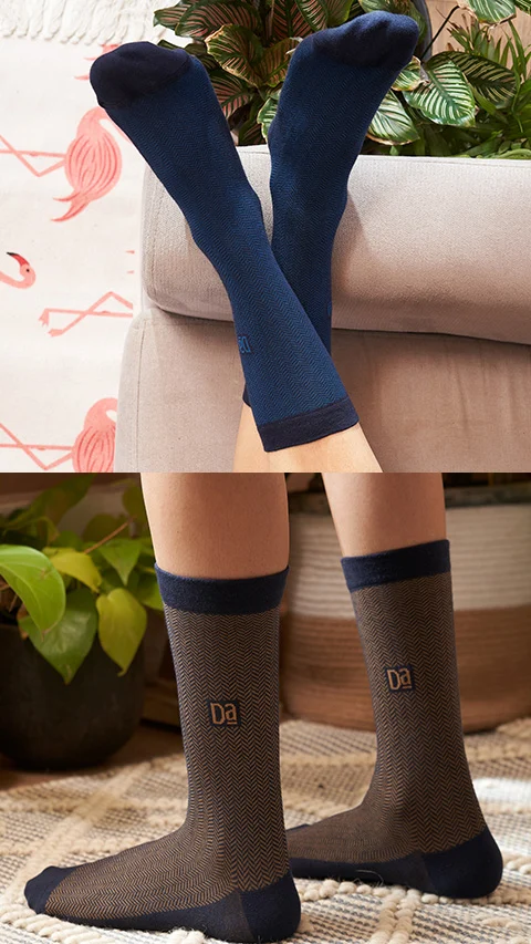 Aloe-Soft Calf Length Non-Terry Socks- Zig-Zag Brown, Zig-Zag Blue