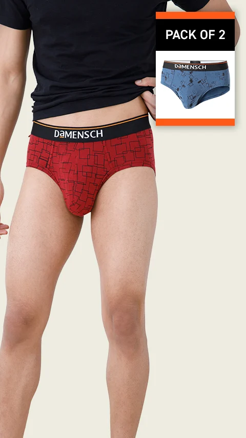 Value Deal Deo-Cotton Briefs- Navy Pixels, Wine Grid Game