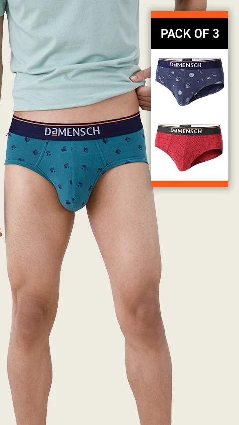 Value Deal Deo-Cotton Briefs- Blue Buzz, Check & Mate Teal, Wine Grid Game