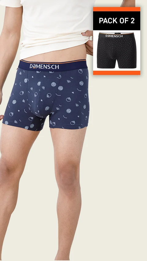 Value Deal Deo-Cotton Trunks- Blue Buzz, Black Space Dot