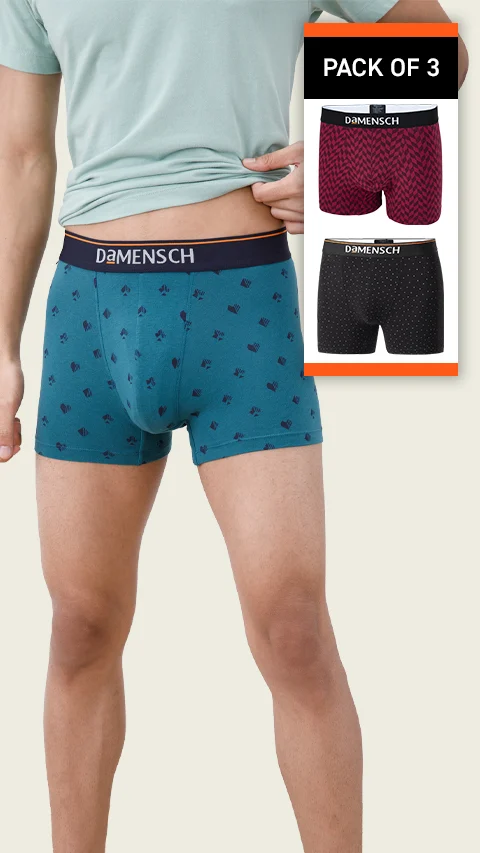 Value Deal Deo-Cotton Trunks- Check & Mate Teal, Rhododenron, Black Space Dot