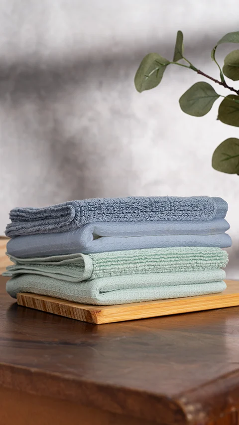 Waffle-Plush Face Towels- Pack Of 4 Earthy Blue, Sea Green