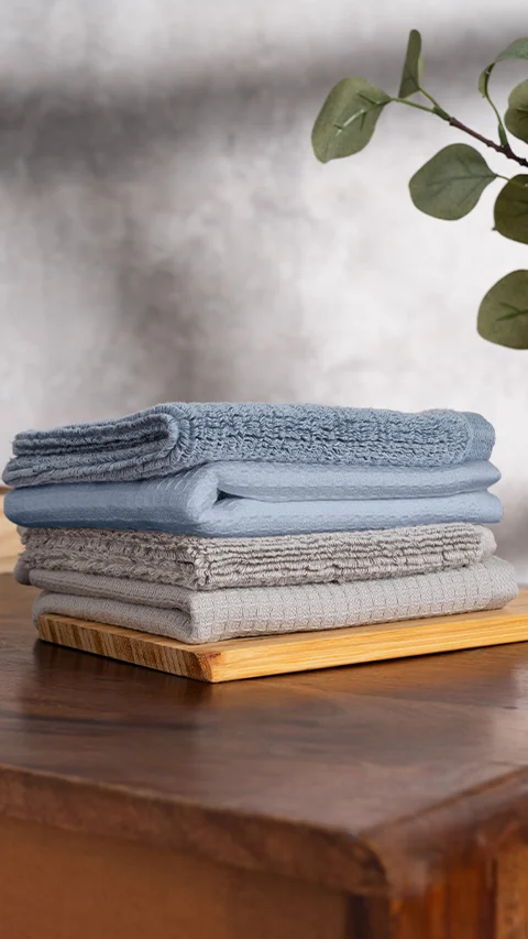 Waffle-Plush Face Towels- Pack Of 4 Fog Grey, Earthy Blue
