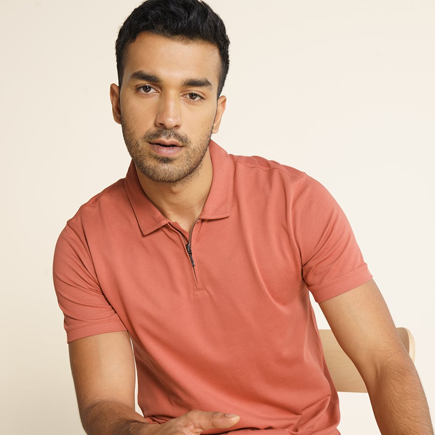 Men Zipper Polo T-shirt Online - Brick Brown | DaMENSCH