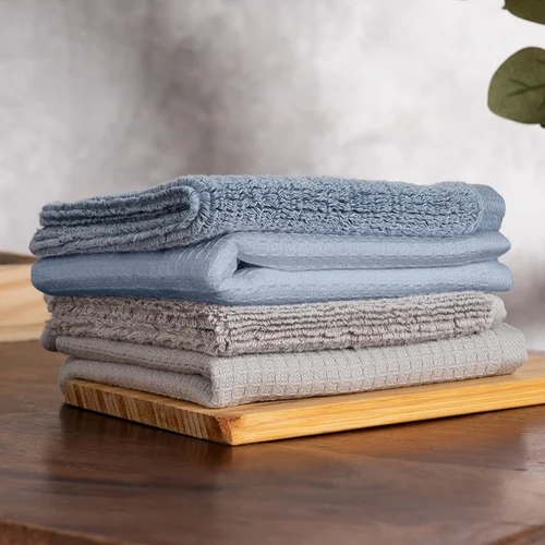 Waffle-Plush Face Towels- Pack Of 4 Fog Grey, Earthy Blue