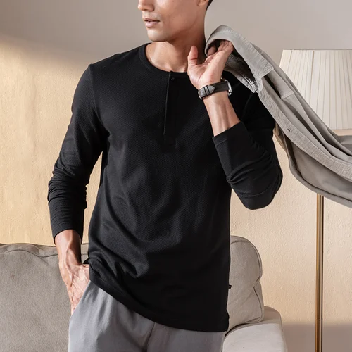 Statement Popcorn Textured Casual Tees Henley - Jet Black