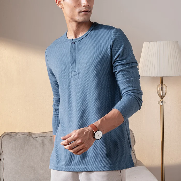 Statement Popcorn Textured Casual Tees Henley - Ocean Blue