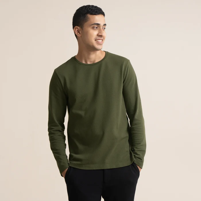 Statement Popcorn Textured Casual Tees Olive Night