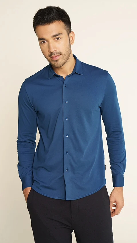 Mens Full Sleeve Shirt  Pique Shirt Teal Blue - DaMENSCH