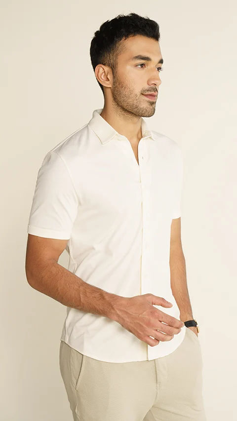 Mens Half Sleeve Shirt | Pique Shirt Ivory White - DaMENSCH