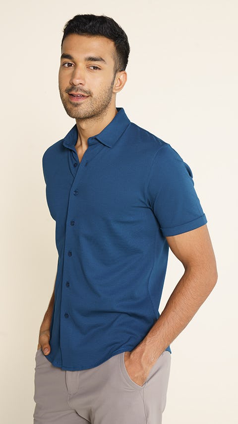 Mens Half Sleeve Shirt | Pique Shirt Teal Blue - DaMENSCH